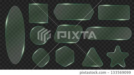 Transparent neon glass frames. Empty green planes for text, different geometric shapes, graphic design ui elements, glowing edges, rectangle, circle form, qualitative vector isolated set Transparent neon glass frames. Empty green planes for text, different geometric shapes, graphic design ui elements, glowing edges, rectangle, circle form, qualitative vector isolated set 133569099