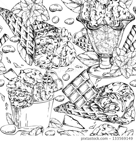 Waffle rolls, syrup drizzle topping on chocolate chip gelato in cone, plastic cup, glass dish hand drawn in ink. Vector graphic seamless pattern line illustration. Picnic decor, frozen product sheet 133569149