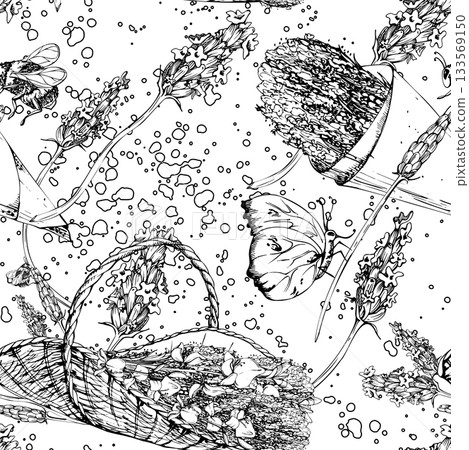 Herbal bundles in craft paper, lavender trug basket, butterflies and bumblebees with paint splatter. Isolated seamless pattern illustration hand drawn in vector ink. Herbal candles, essential oil Herbal bundles in craft paper, lavender trug basket, butterflies and bumblebees with paint splatter. Isolated seamless pattern illustration hand drawn in vector ink. Herbal candles, essential oil 133569150