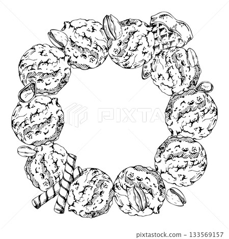 Gelato scoops with pistachio nut crumble garnish, chocolate chips, waffle rolls. graphic wreath frame illustration hand drawn in vector ink. Flavor card, summer scrapbooking, foodie fest flyer design 133569157