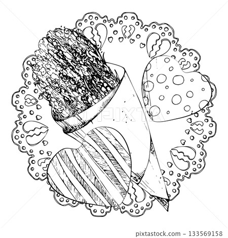 Round paper doily with lace trim, romantic lavender bouquet in rustic cone of natural kraft paper, striped and dotted hearts. Isolated illustration hand drawn in vector ink. Wedding florist shop Round paper doily with lace trim, romantic lavender bouquet in rustic cone of natural kraft paper, striped and dotted hearts. Isolated illustration hand drawn in vector ink. Wedding florist shop 133569158