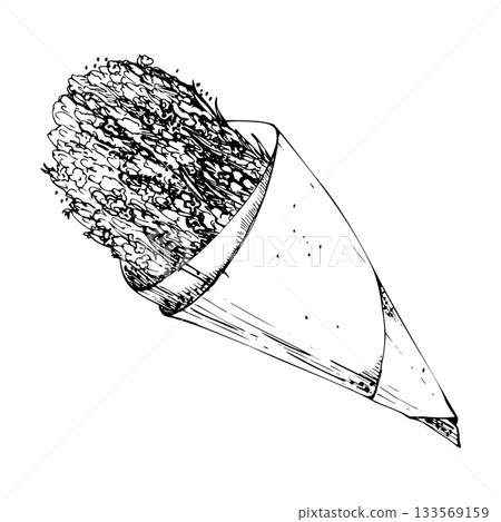 Craft paper cone of lavender lavandula flowers bundle bouquet hand drawn in vector ink. French Provence rustic style. Single object isolated illustration. Romance themes, boutique logo, artisan crafts Craft paper cone of lavender lavandula flowers bundle bouquet hand drawn in vector ink. French Provence rustic style. Single object isolated illustration. Romance themes, boutique logo, artisan crafts 133569159