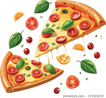 Delicious hot pizza slices with melted cheese stretching and ingredients floating Delicious hot pizza slices with melted cheese stretching and ingredients floating 133569234