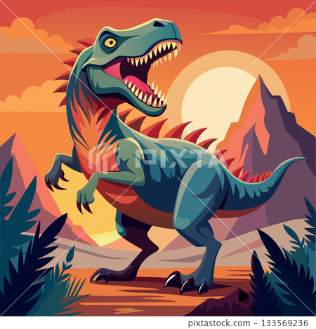 Furious tyrannosaurus rex roaring in a mountainous landscape at sunset 133569236