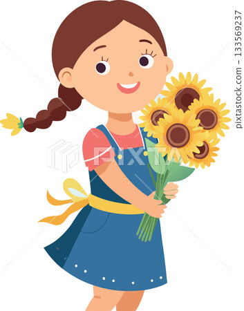Smiling girl holding bouquet of sunflowers on white background 133569237