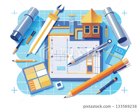 Architect designing a house with various drawing tools on blueprint 133569238