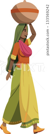 Indian woman walking and carrying earthen pot on her head Indian woman walking and carrying earthen pot on her head 133569242