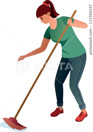 Young woman cleaning the floor with a mop Young woman cleaning the floor with a mop 133569247