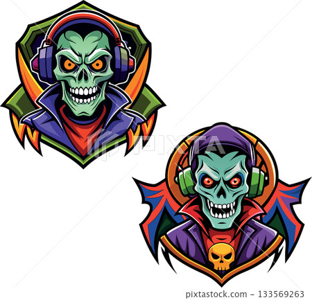 Zombie dj listening music with headphones and wearing vampire costume gaming logo mascot 133569263