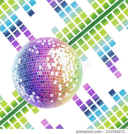 Retro disco ball and music equalizer in rainbow color in the style of 80s and 90s as a disco symbol.Watercolor illustration for flyers,posters,theme party cards 133569271