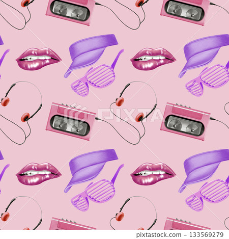 Retro seamless pattern Portable 80s, 90s style retro cassette player in pink color,headphones,trendy shutter glasses and sun visor,pink sexy woman lips with lipgloss.Watercolor illustration 133569279