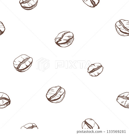 Food and drink seamless pattern of coffee beans scattered in black and white vector illustration.Minimalistic,elegant design for packaging,labels or coffee-themed projects 133569281