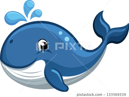 Cute blue whale cartoon character splashing water 133569339
