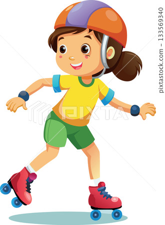 Little girl wearing protective gear roller skating and smiling 133569340