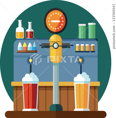 Bar counter with beer taps serving two glasses of beer in a pub interior 133569341