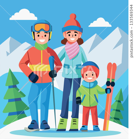 Happy family in winter clothes posing with skiing equipment 133569344