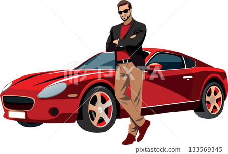 Businessman with sunglasses leaning on a red sports car 133569345