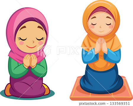 Two muslim girls praying wearing hijab illustration 133569351