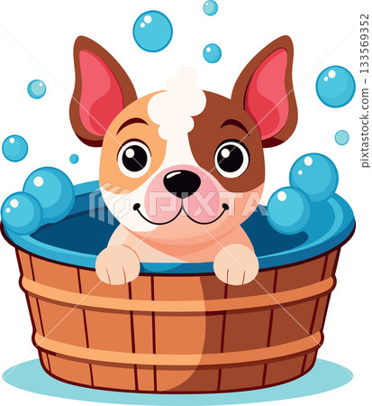 Cute french bulldog puppy taking a bath in a wooden basin Cute french bulldog puppy taking a bath in a wooden basin 133569352