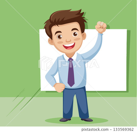Happy businessman raising fist next to blank board Happy businessman raising fist next to blank board 133569362