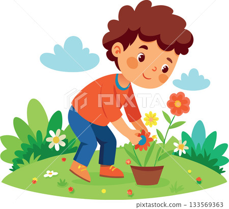Boy planting flowers in the garden illustration 133569363