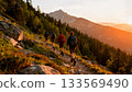 Group Hiking Together Mountain Trail Outdoor Adventure 133569490