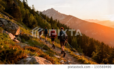 Group Hiking Together Mountain Trail Outdoor Adventure Group Hiking Together Mountain Trail Outdoor Adventure 133569490