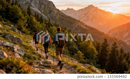 Group Hiking Together Mountain Trail Outdoor Adventure 133569492