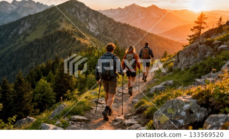 Group Hiking Together Mountain Trail Outdoor Adventure 133569520