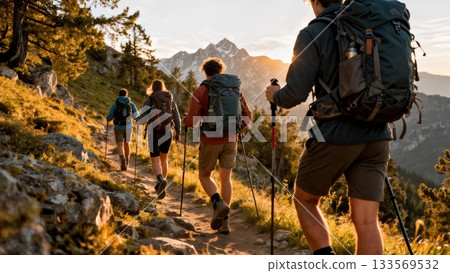 Group Hiking Together Mountain Trail Outdoor Adventure 133569532
