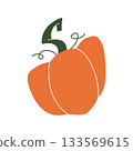 Vibrant pumpkin in rich orange tones with stylized sweeping stem and playful vines. Cheerful flat vector illustration. For autumn market, seasonal print, packaging and festive project. 133569615