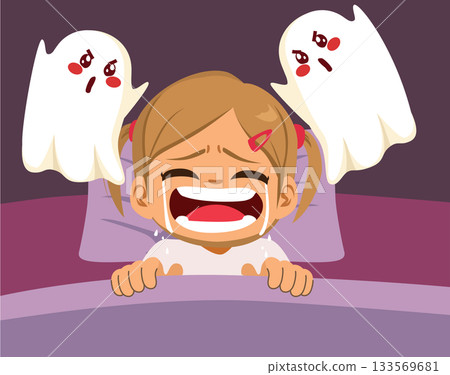 Crying Girl Afraid Of Ghosts Emotional Vector Cartoon Illustration On Dark Background 133569681