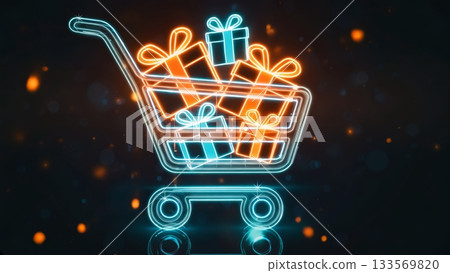 glowing neon shopping cart filled with gift boxes, symbolizing online shopping, e-commerce, holiday sales, presents, and festive digital retail 133569820