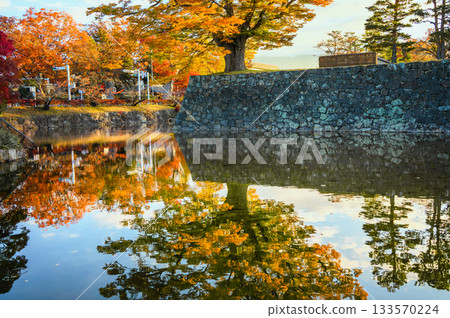 [Matsumoto Castle] Autumn leaves reflected on the surface of the moat 133570224
