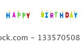 Colorful birthday candles in shape of letters Happy Birthday isolated on white background. Birthday candles perfect for birthday celebrations, greeting cards, banners, or party decorations design. 133570508