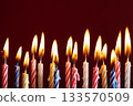 Row of colorful burning birthday candles on red background. Bright flames and vibrant colors with space for text or graphic elements. Ideal for celebration concepts. 133570509