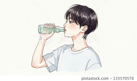 Illustration of a man drinking Ramune from a glass bottle 133570578