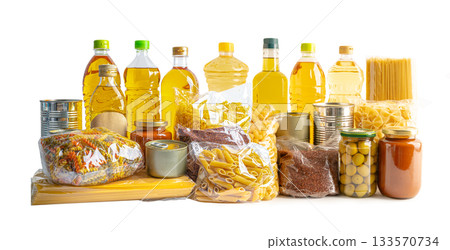 Foodstuff for donation on white background. Foodstuff for donation on white background. 133570734