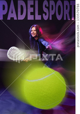 Woman playing padel sport with a bright yellow ball in a dynamic setting 133570788