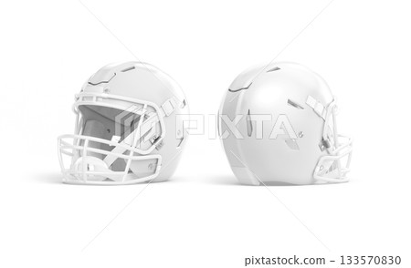 Blank white american football helmet mockup, side view, front back, png, transparent background, 3d rendering. Empty full face protective casque mock up cut out. 133570830