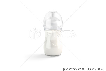 Blank white plastic baby bottle with milk mockup, png, transparent background, 3d rendering. Empty childcare drink botle with milky flow mock up, cut out. 133570832