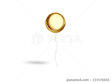 Blank gold round balloon flying mockup, png, transparent background, 3d rendering. Empty circle decor levitation balone with ribbon mock up, cut out. 133570838