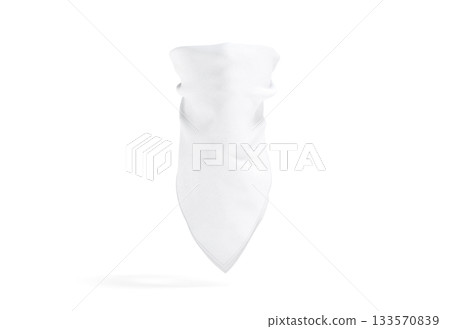 Blank white bandana neck wrap mockup, png, transparent background, 3d rendering. Empty fabric tied balaclava for western protection mock up, cut out. 133570839