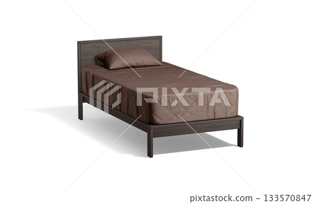 Blank wooden single bed with brown bedding mockup, png, transparent background, 3d rendering. Empty fabric pillow and sheet on singlebed mat mock up, cut out. Blank wooden single bed with brown bedding mockup, png, transparent background, 3d rendering. Empty fabric pillow and sheet on singlebed mat mock up, cut out. 133570847