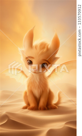 Illustration of a fantastical kitten with wings observing a sandy landscape at dawn 133570912
