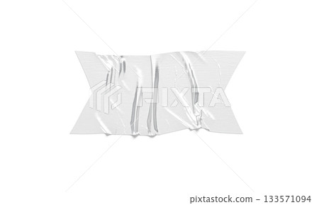 Blank white rectangle cut adhesive crumpled tape mockup, png, transparent background, 3d rendering. Empty wrinkly glue piece for industrial tool mock up, cut out. 133571094