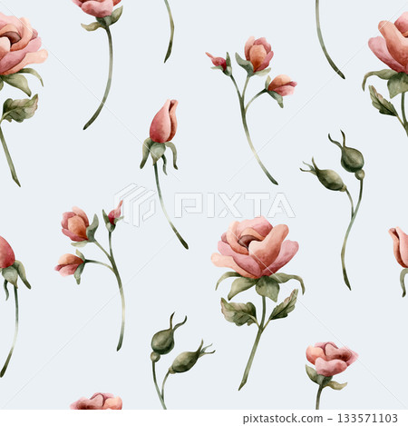 Roses buds seamless pattern on blue background. Dusty pink garden Victorian flower. Watercolor hand painted floral illustration for wedding design home textile fabric cosmetic package wrapping paper 133571103