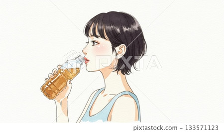 圖：一位女士正在用塑膠瓶喝茶 133571123