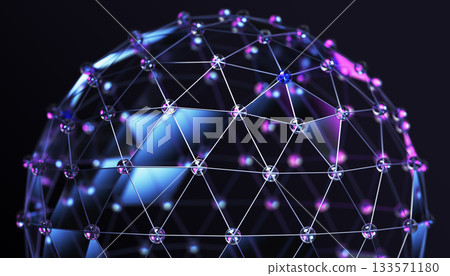 Abstract neon glass blue and purple wireframe 3d sphere of dots and lines on black background. Futuristic geometric bg with hologram circular polygon mesh, grid ball, global network. 3D illustration 133571180
