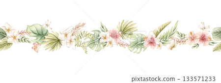 Monstera Palm Leaves Hibiscus Plumeria Flowers seamless border. Tropical Exotic plants. Watercolor hand painted summer pastel neutral isolated illustration on white background for nursery kids baby Monstera Palm Leaves Hibiscus Plumeria Flowers seamless border. Tropical Exotic plants. Watercolor hand painted summer pastel neutral isolated illustration on white background for nursery kids baby 133571233